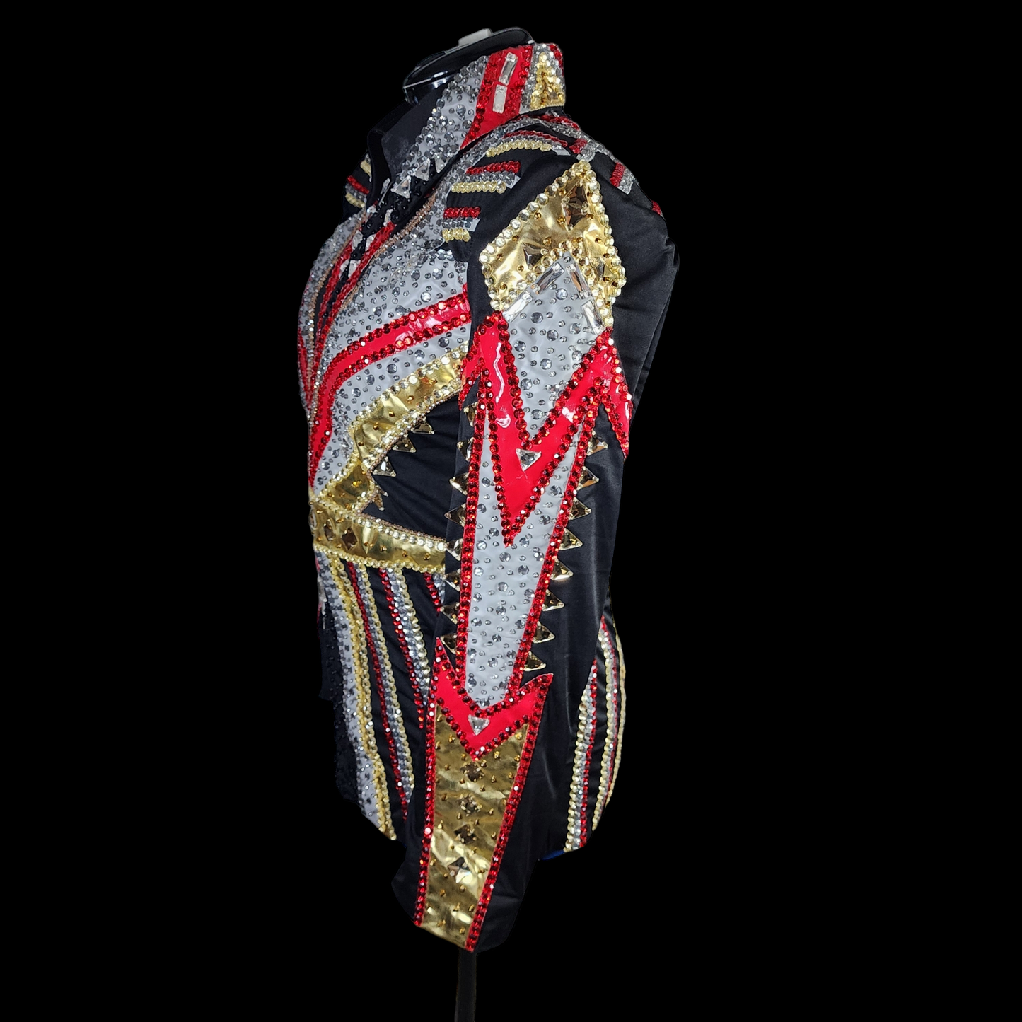 A Large red silver gold on black showmanship jacket