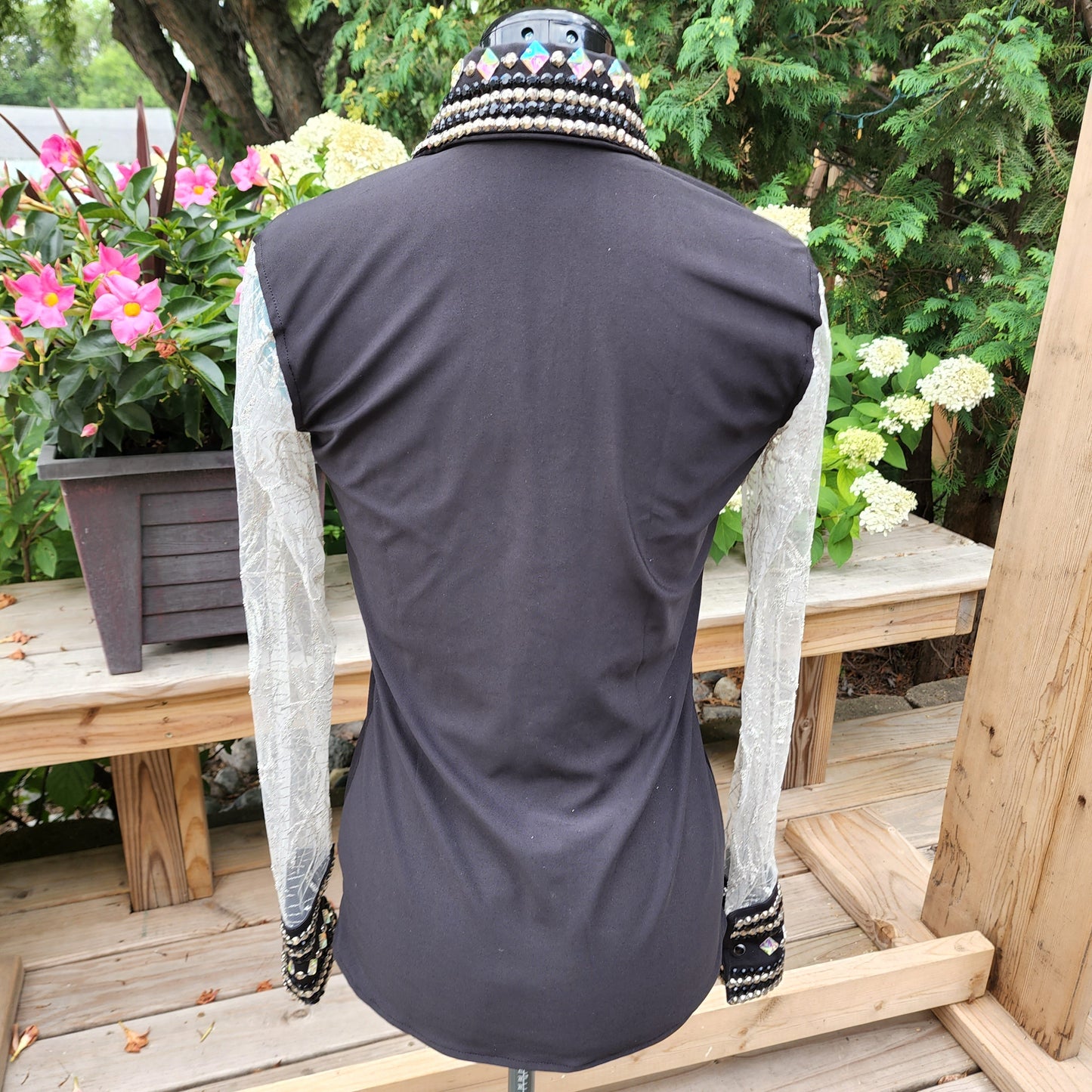 CUSTOM Black Stretch Day Shirt with White Sheer Sleeves