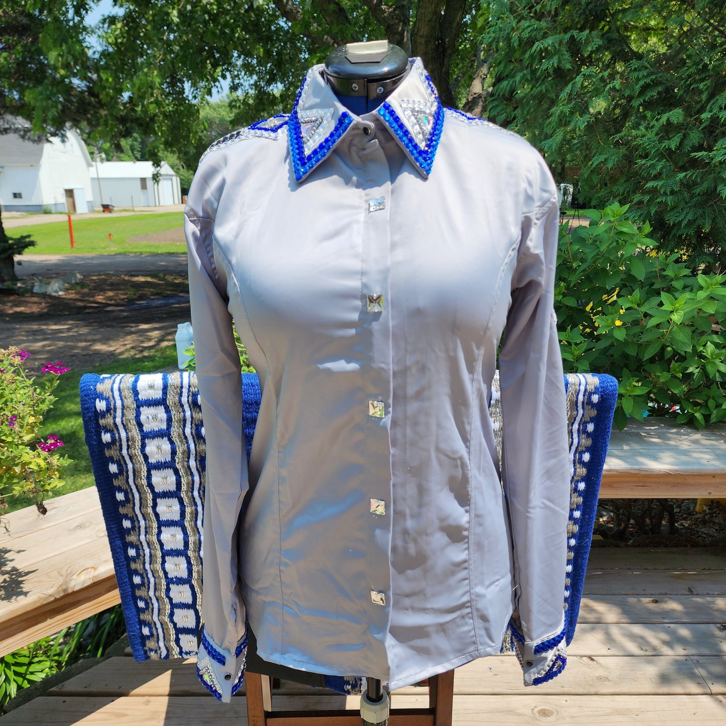 CUSTOM Silver taffeta full arm crystal day shirt