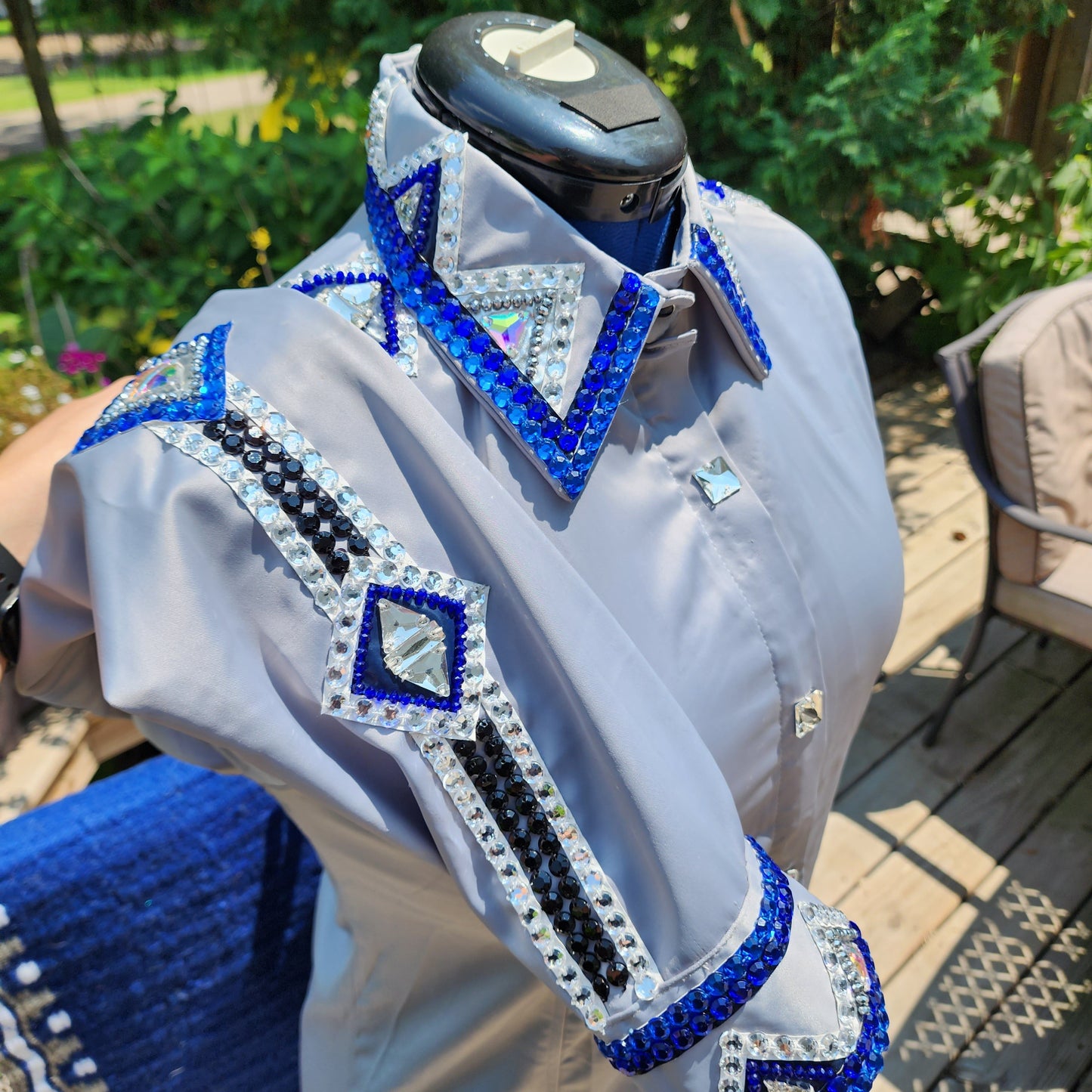 CUSTOM Silver taffeta full arm crystal day shirt