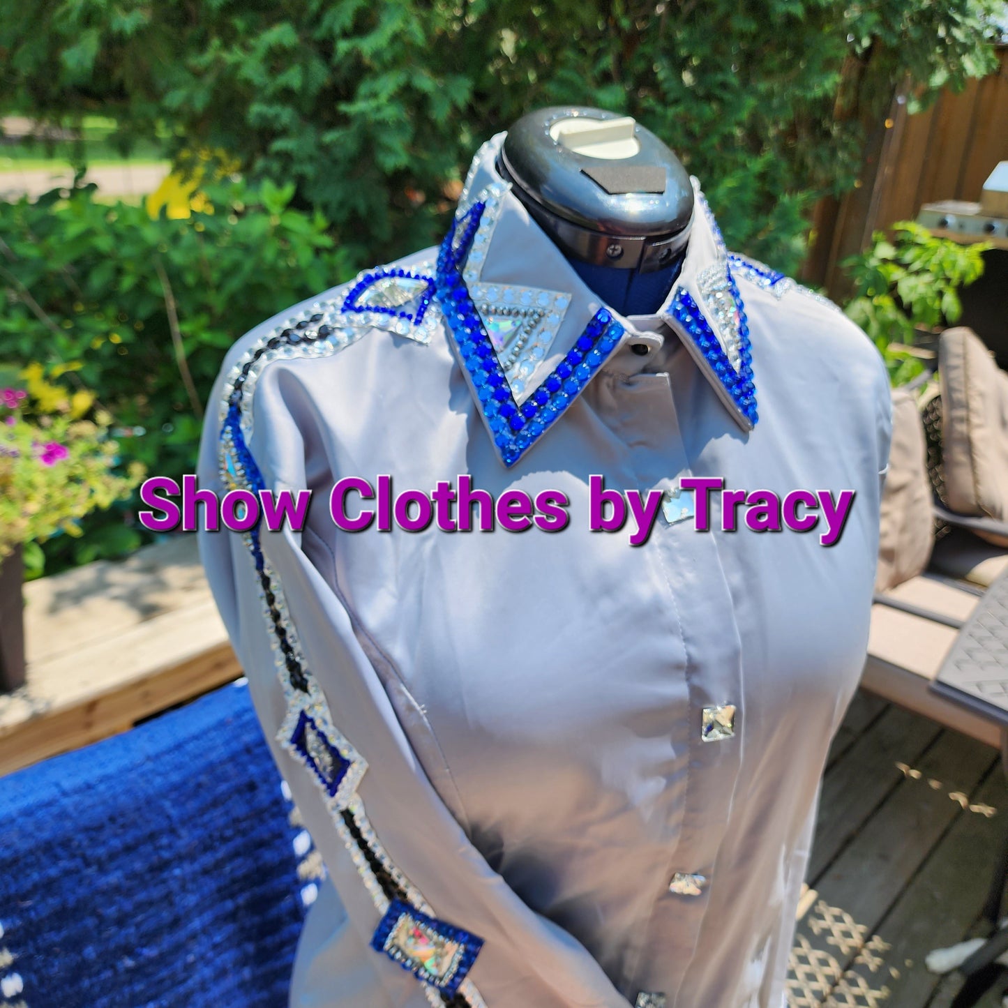 CUSTOM Silver taffeta full arm crystal day shirt