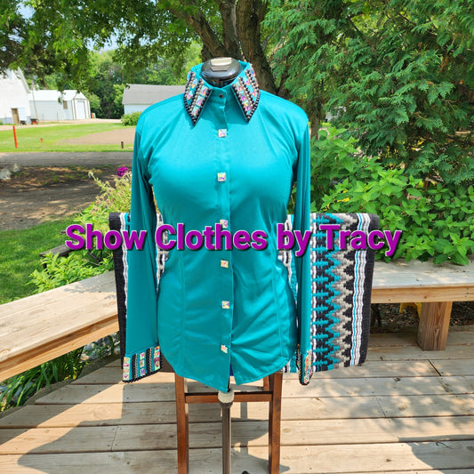 CUSTOM Teal SHEER SLEEVE hidden zipper day shirt