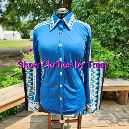 CUSTOM Denim blue lycra full arm crystal day shirt