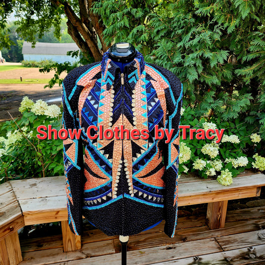 A 4XL Black with peach & blues Showmanship jacket
