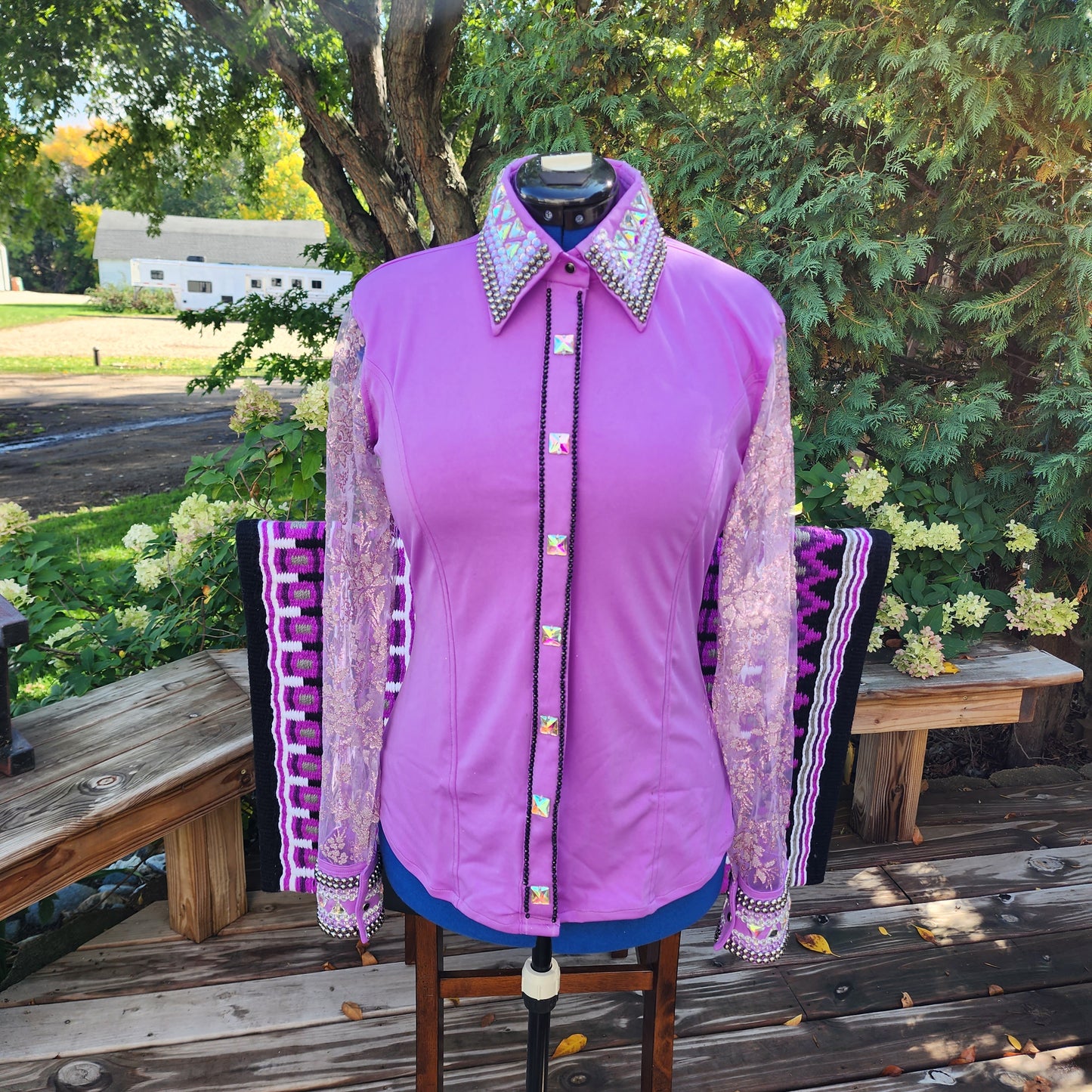 D XL Purple lycra sheer sleeve day shirt