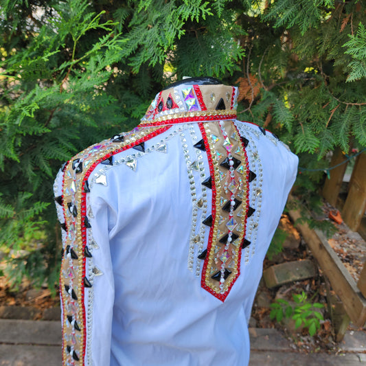 Large/XL White stretch taffeta day shirt with red black & gold crystals
