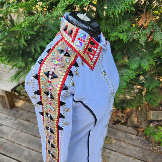 Large/XL White stretch taffeta day shirt with red black & gold crystals