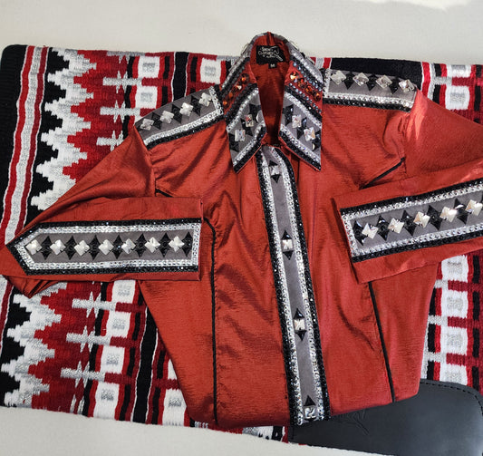 A Medium brick red stretch taffeta day shirt