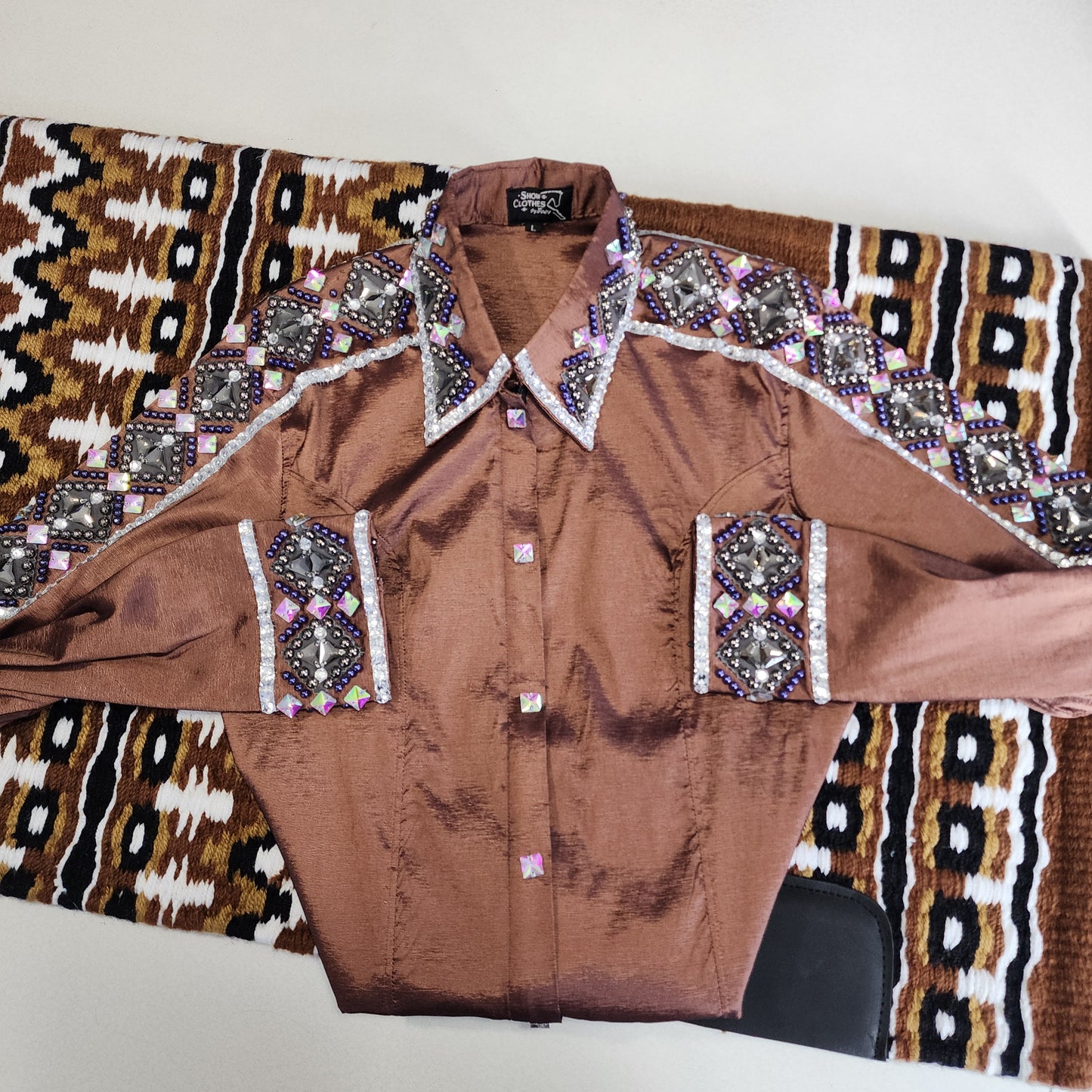 A Medium/Large Brown bronze stretch taffeta day shirt