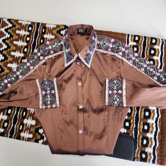 A Medium/Large Brown bronze stretch taffeta day shirt