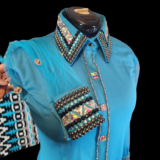 CUSTOM Turquoise Sheer sleeve day shirt