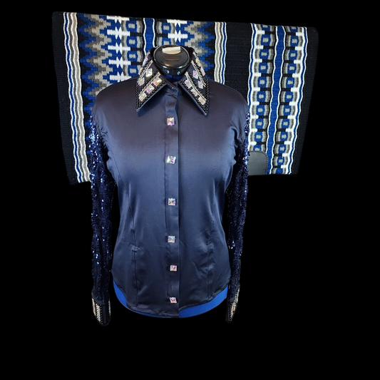 D Large Navy sheer sleeve day shirt