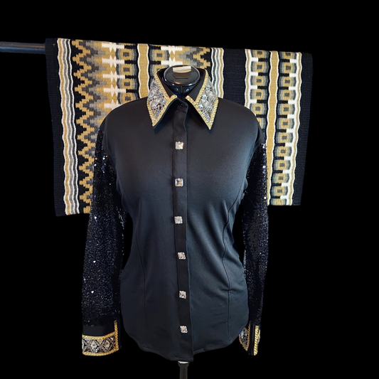 CUSTOM ORDER Black & gold sheer sleeve day shirt