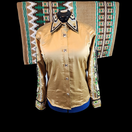 CUSTOM ORDER Gold & green stretch satin day shirt