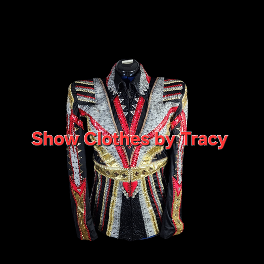 A Large red silver gold on black showmanship jacket