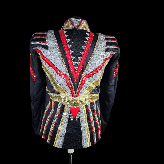 A Large red silver gold on black showmanship jacket