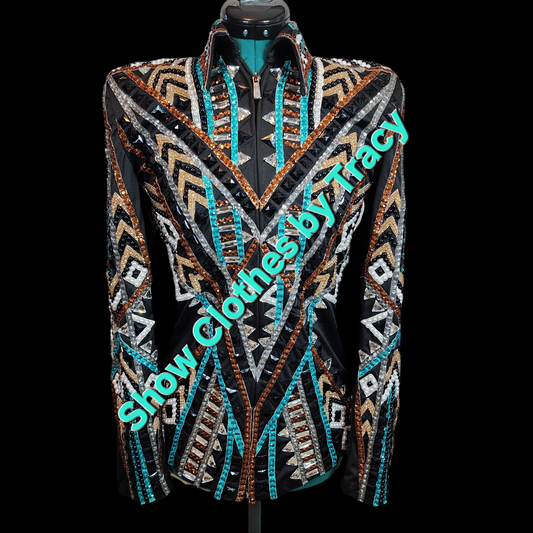 CUSTOM Amber, Teal, & black showmanship jacket
