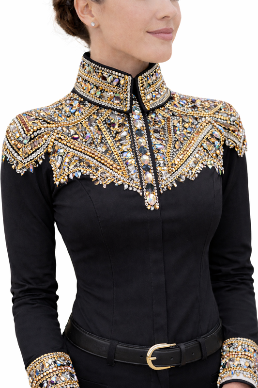 CUSTOM ORDER Black & gold stretch taffeta day shirt