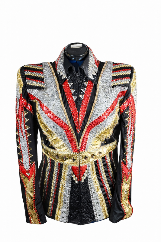 A Large red silver gold on black showmanship jacket