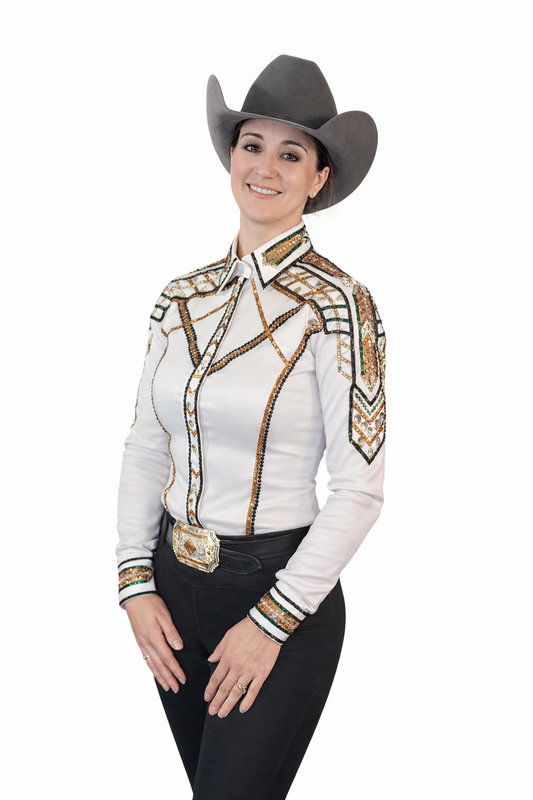 Large White & tan stretch taffeta day shirt