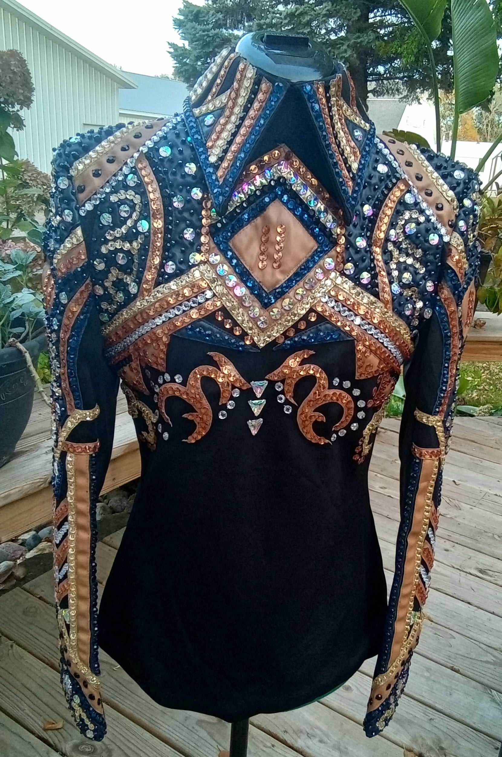 CUSTOM Tan Navy & Gold Horsemanship top – Show Clothes by Tracy