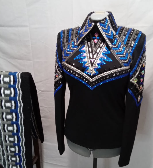 CUSTOM Black Grey & Blue Horsemanship top