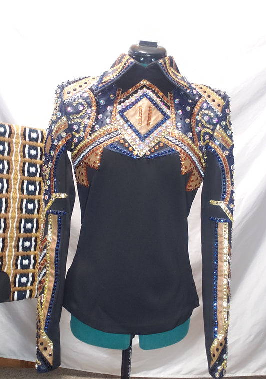 CUSTOM Tan Navy & Gold Horsemanship top