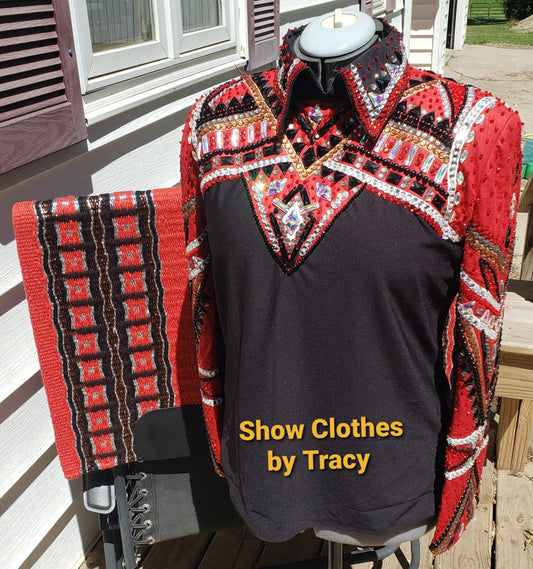 CUSTOM Black & Red Horsemanship top & pad set