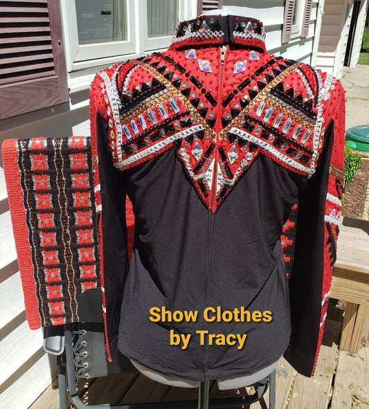 CUSTOM Black & Red Horsemanship top & pad set