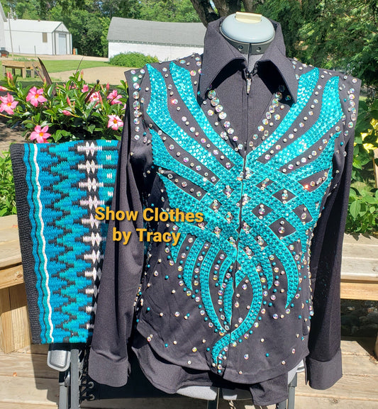 CUSTOM Black & Teal Vest, shirt & pad set