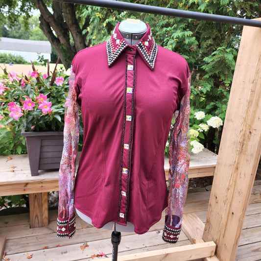 CUSTOM Burgundy Sheer Sleeve day shirt