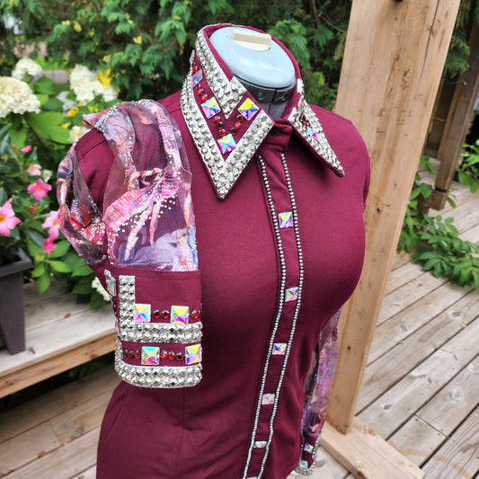 CUSTOM Burgundy Sheer sleeve day shirt