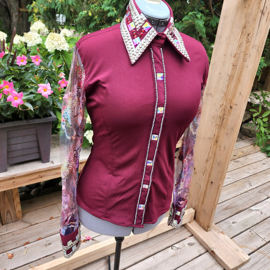 CUSTOM Burgundy Sheer sleeve day shirt