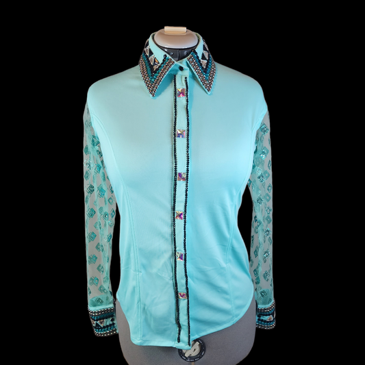 A CUSTOM Mint Hidden Zipper Sheer sleeve day shirt