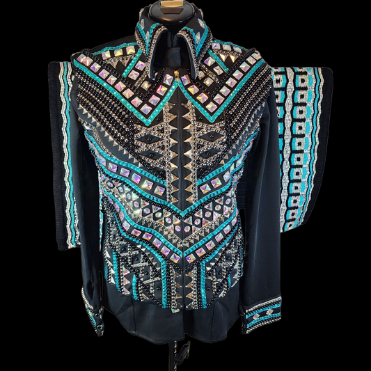 CUSTOM Black, teal, & silver vest, shirt, & pad set