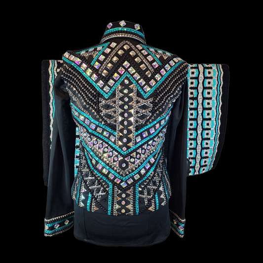 CUSTOM Black, teal, & silver vest, shirt, & pad set